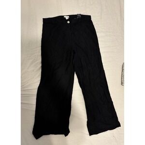 HM Black Linen Blend Wide Leg Pants High Waisted Pearlized Button Size 14